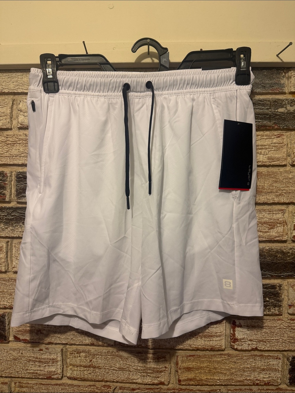 Layer 8 Men's White Athletic Shorts with Black Drawstring